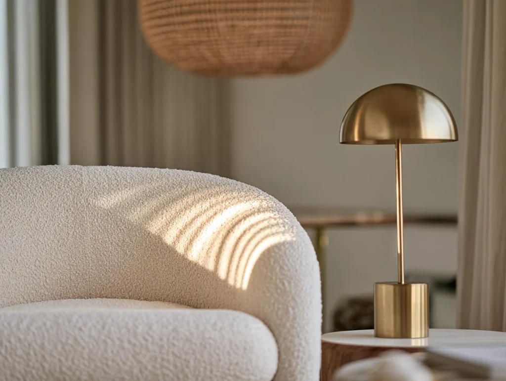 Bouclé armchair beside a brushed brass table lamp in a transitional-style Malaysian condo living room
