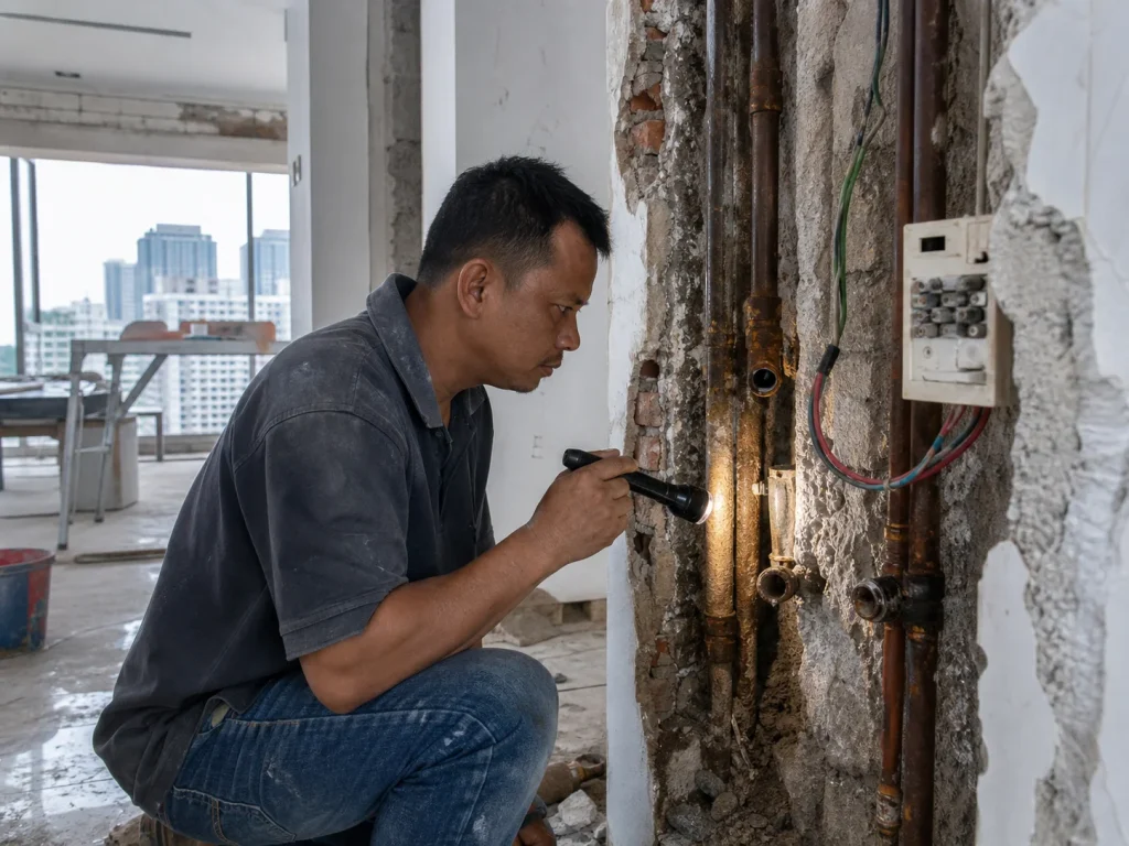 Contractor inspecting exposed corroded pipework behind an opened wall in a Malaysian condo renovation