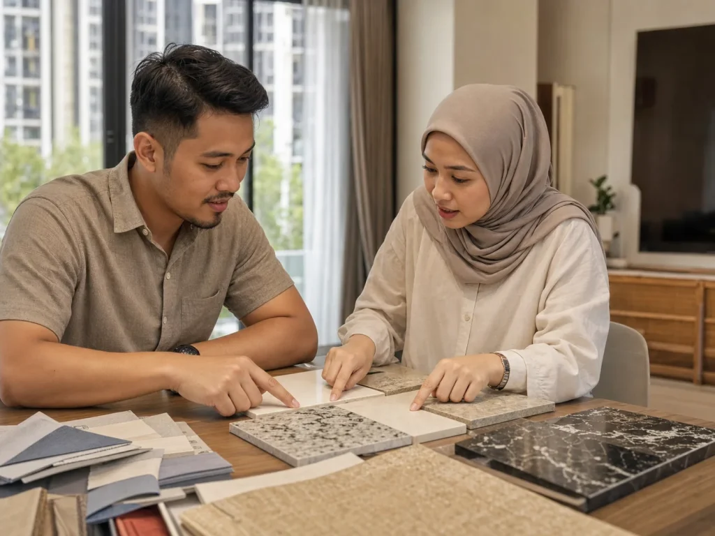 Malaysian homeowner comparing stone countertop samples with an interior designer during renovation planning
