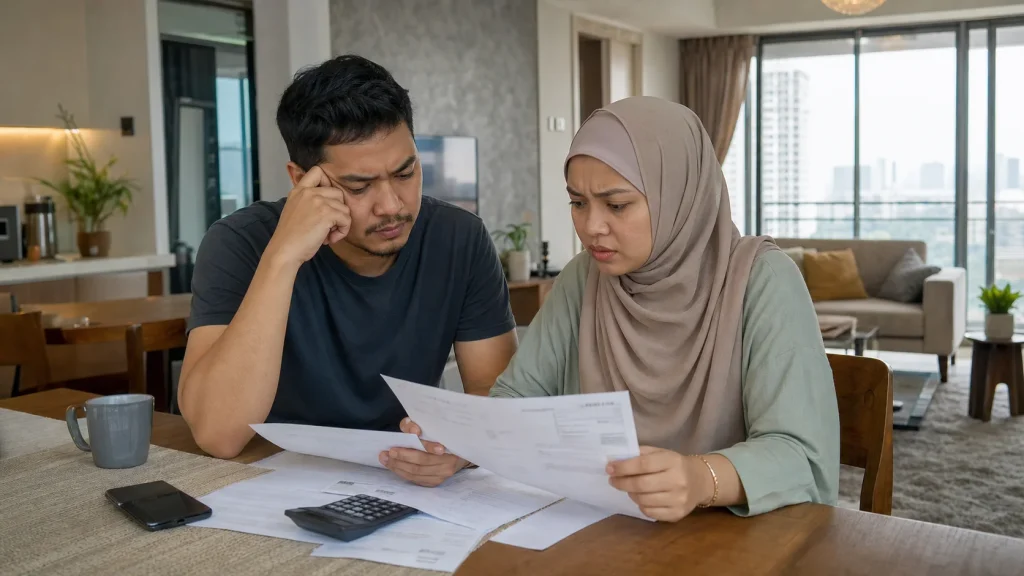 Malaysian couple reviewing an unexpected renovation invoice at their dining table