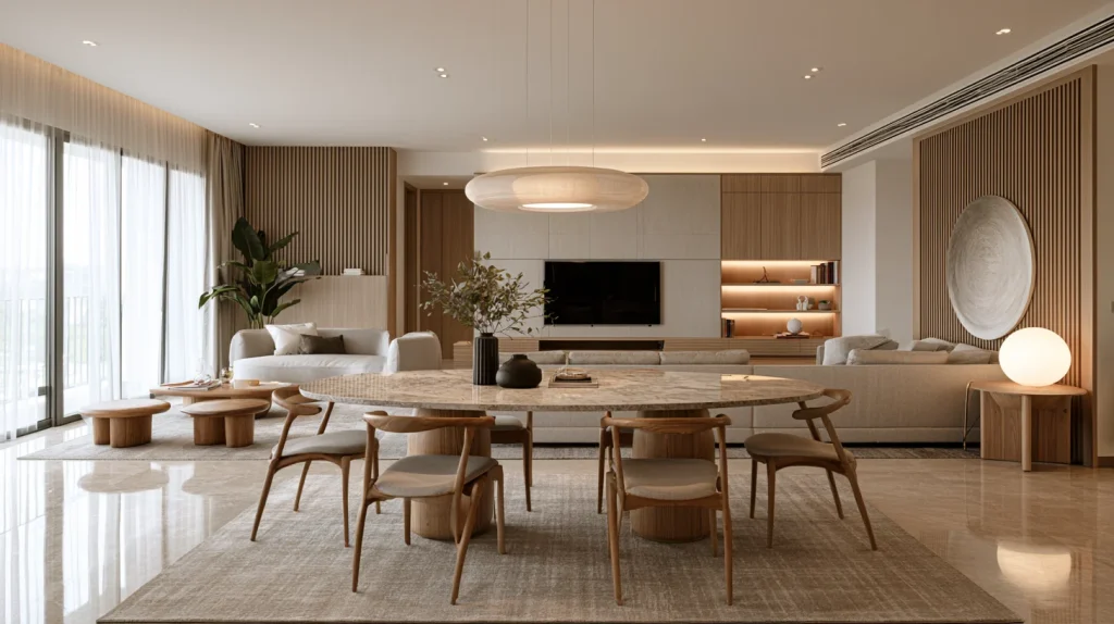 Oval stone-top dining table zoning an open-plan living-dining space in a Malaysian transitional-style condo