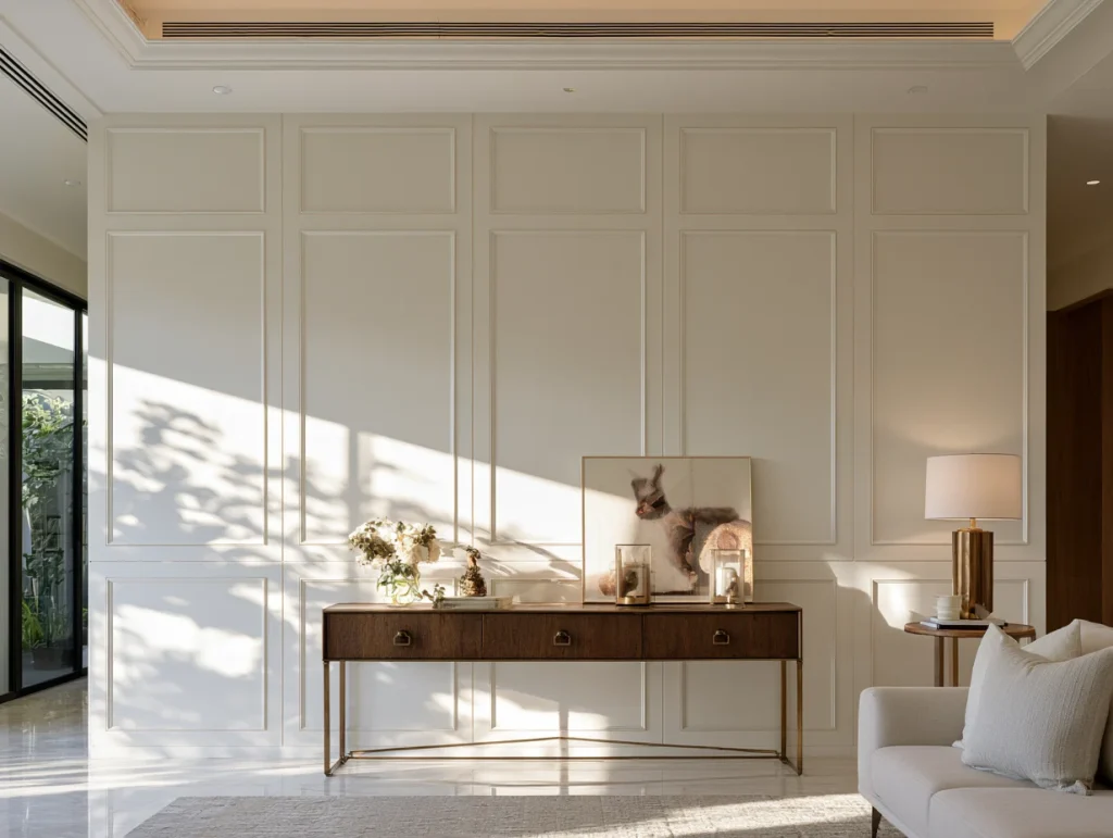 Painted panel moulding feature wall behind a console table in a Malaysian transitional-style living room