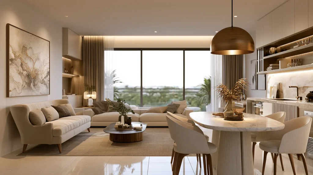 Transitional living-dining room in a Malaysian condo with camelback sofa and engineered stone dining table