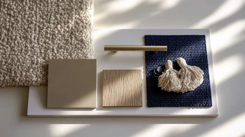 Transitional interior design mood board with bouclé fabric, brass hardware, and warm neutral swatches for Malaysian homes